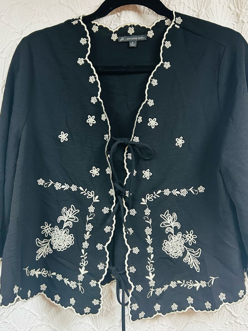 Adrianna Papell Black Blouse with White Floral Embroidery
